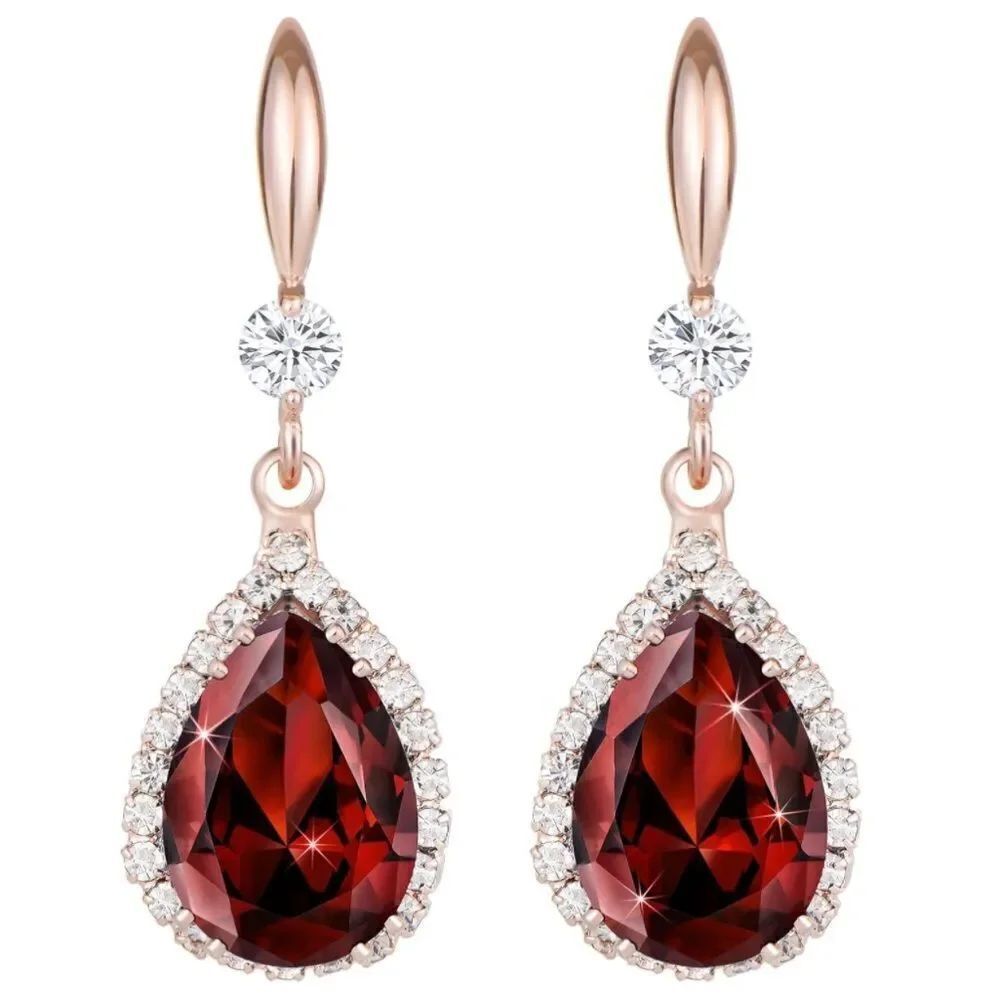 14K Rose Gold with Red Garnet Cubic Zirconia Teardrop Hook Dangling Earrings
